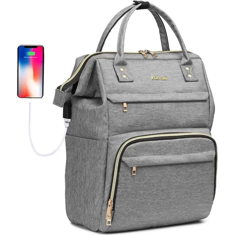 Ronyes Laptop Backpack Gray Travel Bag USB Charging Port Water Resistant 15.6in